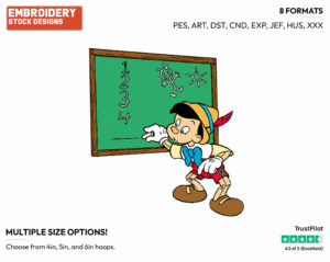 Pinocchio At The Blackboard - Disney's Pinocchio - Embroidery Design in 3 sizes & 8 formats