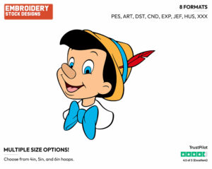 Pinocchio's Face - Disney's Pinocchio - Embroidery Design in 3 sizes & 8 formats