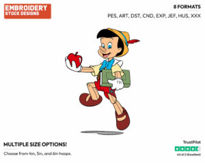 Pinocchio Skipping Off To School - Disney's Pinocchio - Embroidery Design in 3 sizes & 8 formats