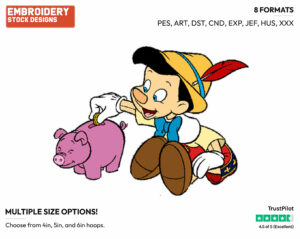 Pinocchio Putting Coin In Piggy Bank - Disney's Pinocchio - Embroidery Design in 3 sizes & 8 formats