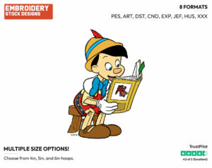 Pinocchio Reading A Book Upside Down - Disney's Pinocchio - Embroidery Design in 3 sizes & 8 formats