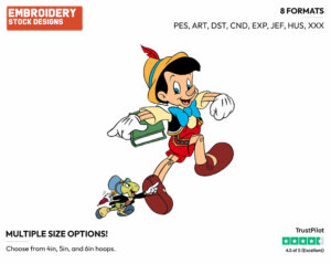 Pinocchio, Jiminy Cricket Running Off To School - Disney's Pinocchio - Embroidery Design in 3 sizes & 8 formats