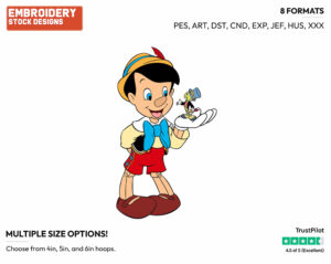 Pinocchio, Jiminy Cricket - Disney's Pinocchio - Embroidery Design in 3 sizes & 8 formats