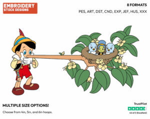 Pinocchio With His Growing Nose, Jiminy Cricket - Disney's Pinocchio - Embroidery Design in 3 sizes & 8 formats