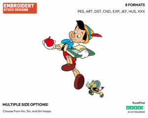 Pinocchio, Jiminy Cricket Off To School - Disney's Pinocchio - Embroidery Design in 3 sizes & 8 formats