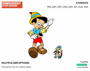 Pinocchio, Jiminy Cricket - Disney's Pinocchio - Embroidery Design in 3 sizes & 8 formats