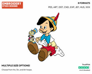 Pinocchio, Jiminy Cricket - Disney's Pinocchio - Embroidery Design in 3 sizes & 8 formats
