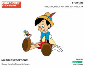 Pinocchio, Jiminy Cricket - Disney's Pinocchio - Embroidery Design in 3 sizes & 8 formats