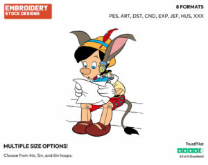 Donkey Pinocchio, Jiminy Cricket - Disney's Pinocchio - Embroidery Design in 3 sizes & 8 formats