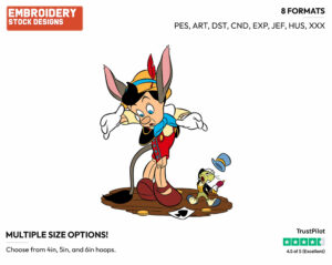 Donkey Pinocchio, Jiminy Cricket - Disney's Pinocchio - Embroidery Design in 3 sizes & 8 formats