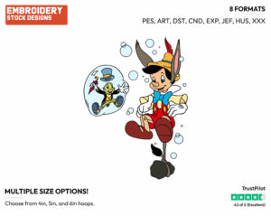 Donkey Pinocchio, Jiminy Cricket Underwater - Disney's Pinocchio - Embroidery Design in 3 sizes & 8 formats