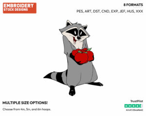 Meeko Holding Apples - Disney's Pocahontas - Embroidery Design in 3 sizes & 8 formats