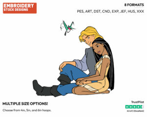 Pocahontas, John Holding Hands With Flit Flying Above - Disney's Pocahontas - Embroidery Design in 3 sizes & 8 formats