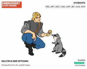 John Smith Offering Meeko A Cracker - Disney's Pocahontas - Embroidery Design in 3 sizes & 8 formats