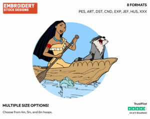 Pocahontas, Meeko In Canoe - Disney's Pocahontas - Embroidery Design in 3 sizes & 8 formats