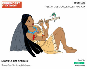 Pocahontas Playing The Flute With Flit - Disney's Pocahontas - Embroidery Design in 3 sizes & 8 formats