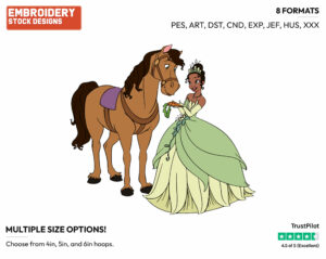Tiana Feeding Horse A Carrot - Disney's The Princess and the Frog - Embroidery Design in 3 sizes & 8 formats