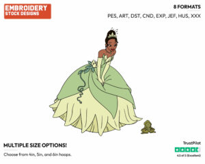 Tiana Bending Down To Look At Frog Naveen - Disney's The Princess and the Frog - Embroidery Design in 3 sizes & 8 formats