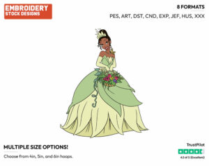 Tiana Holding Basket Of Flowers, Frog Naveen - Disney's The Princess and the Frog - Embroidery Design in 3 sizes & 8 formats