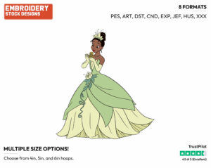 Tiana About To Kiss Frog Naveen - Disney's The Princess and the Frog - Embroidery Design in 3 sizes & 8 formats