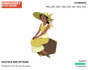 Elegant Tiana Sitting On A Suitcase - Disney's The Princess and the Frog - Embroidery Design in 3 sizes & 8 formats