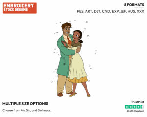 Tiana And Naveen Standing In Falling Snow - Disney's The Princess and the Frog - Embroidery Design in 3 sizes & 8 formats
