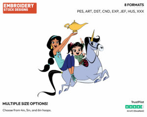 Jasmine, Vanellope Riding A Unicorn - Disney's Ralph Breaks the Internet - Embroidery Design in 3 sizes & 8 formats
