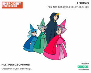 Aurora, Flora, Fauna, Merryweather - Disney's Sleeping Beauty - Embroidery Design in 3 sizes & 8 formats