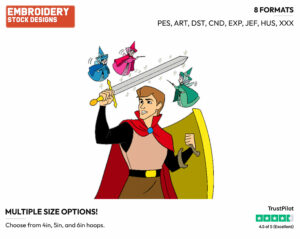 Prince Phillip, Sword, Shield, Flora, Fauna, Merryweather - Disney's Sleeping Beauty - Embroidery Design in 3 sizes & 8 formats