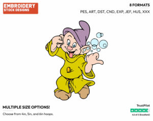 Dopey Surrounded By Bubbles - Disney's Snow White and the Seven Dwarfs - Embroidery Design in 3 sizes & 8 formats