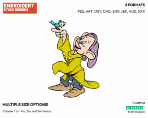 Dopey With A Bird On His Finger - Disney's Snow White and the Seven Dwarfs - Embroidery Design in 3 sizes & 8 formats