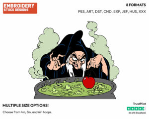 Witch Dipping Apple Into Poison Brew In Cauldron - Disney's Snow White and the Seven Dwarfs - Embroidery Design in 3 sizes & 8 formats