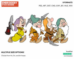 Dopey, Bashful, Sneezy, Sleepy Returning From Mine - Disney's Snow White and the Seven Dwarfs - Embroidery Design in 3 sizes & 8 formats