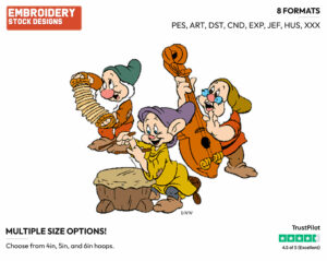 Bashful, Doc, Dopey Playing Music - Disney's Snow White and the Seven Dwarfs - Embroidery Design in 3 sizes & 8 formats