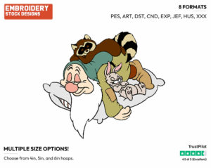 Sleepy Sleeping With Racoon, Rabbit - Disney's Snow White and the Seven Dwarfs - Embroidery Design in 3 sizes & 8 formats