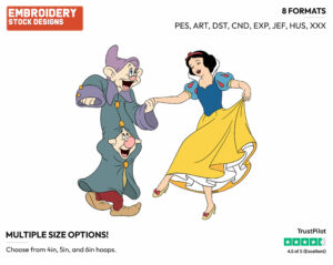 Snow White Dancing With Dopey, Sneezy - Disney's Snow White and the Seven Dwarfs - Embroidery Design in 3 sizes & 8 formats