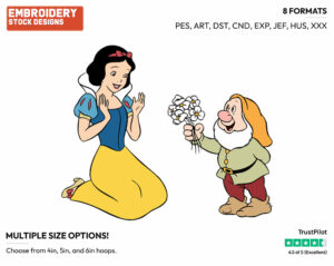 Sneezy Giving Snow White Flowers - Disney's Snow White and the Seven Dwarfs - Embroidery Design in 3 sizes & 8 formats