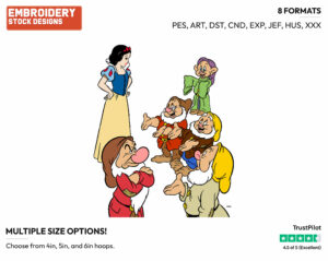 Grumpy, Dopey, Doc, Sneezy, Happy Showing Snow White Their Hands - Disney's Snow White and the Seven Dwarfs - Embroidery Design in 3 sizes & 8 formats