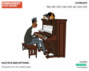 Joe Playing The Piano With Mr. Mittens - Disney's Soul - Embroidery Design in 3 sizes & 8 formats