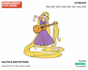 Rapunzel Playing Guitar - Disney's Tangled - Embroidery Design in 3 sizes & 8 formats