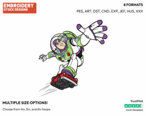 Buzz Gliding Through The Air On Red Hotwheels Car - Disney's Toy Story - Embroidery Design in 3 sizes & 8 formats