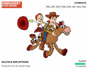 Jessie And Woody Riding Bullseye - Disney's Toy Story - Embroidery Design in 3 sizes & 8 formats