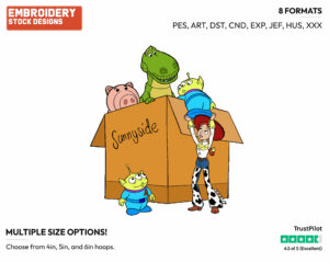 Aliens, Jessie, Hamm, Rex In Moving Box - Disney's Toy Story - Embroidery Design in 3 sizes & 8 formats