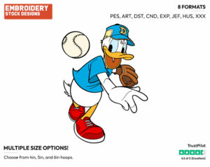 Donald Duck Playing Baseball - Baseball - Sports - Disney Embroidery Design in 3 sizes & 8 formats