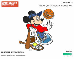 Mickey Mouse Spinning Basketball, Leaning On Baseball - Bowling, Boxing, and Karate - Sports - Disney Embroidery Design in 3 sizes & 8 formats