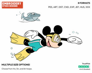 Mickey Mouse - Scuba Diving - Olympic Games - Disney Embroidery Design in 3 sizes & 8 formats