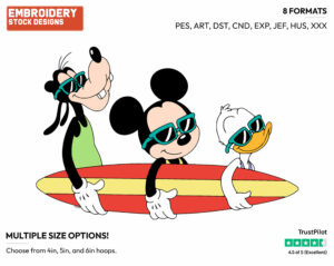 Goofy, Mickey Mouse And Donald Duck With A Surfboard, Wearing Sunglasses - Surfing - Olympic Games - Disney Embroidery Design in 3 sizes & 8 formats