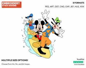Mickey, Goofy, Donald Surfing - Surfing - Olympic Games - Disney Embroidery Design in 3 sizes & 8 formats