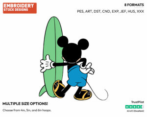 Mickey Mouse Holding His Surfboard - Surfing - Olympic Games - Disney Embroidery Design in 3 sizes & 8 formats