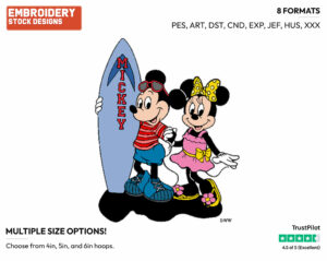 Mickey, Minnie Mouse - Surfing - Olympic Games - Disney Embroidery Design in 3 sizes & 8 formats